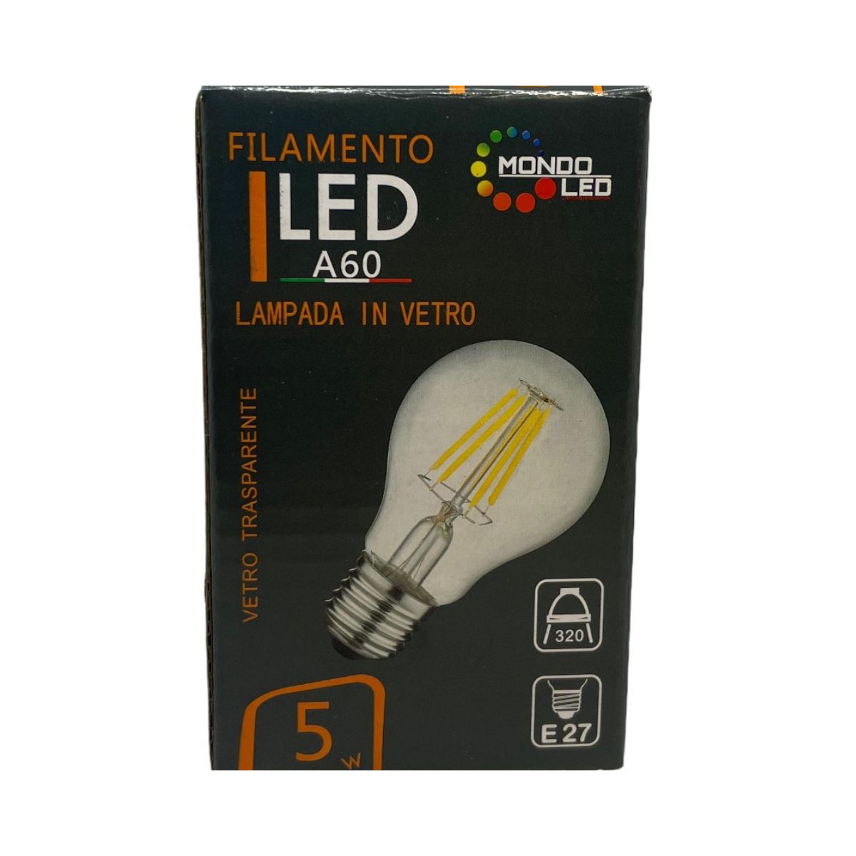 Lampadina LED E27 a Filamento A60 - Trasparente 5w 2700k Luce Calda - Mondo Led