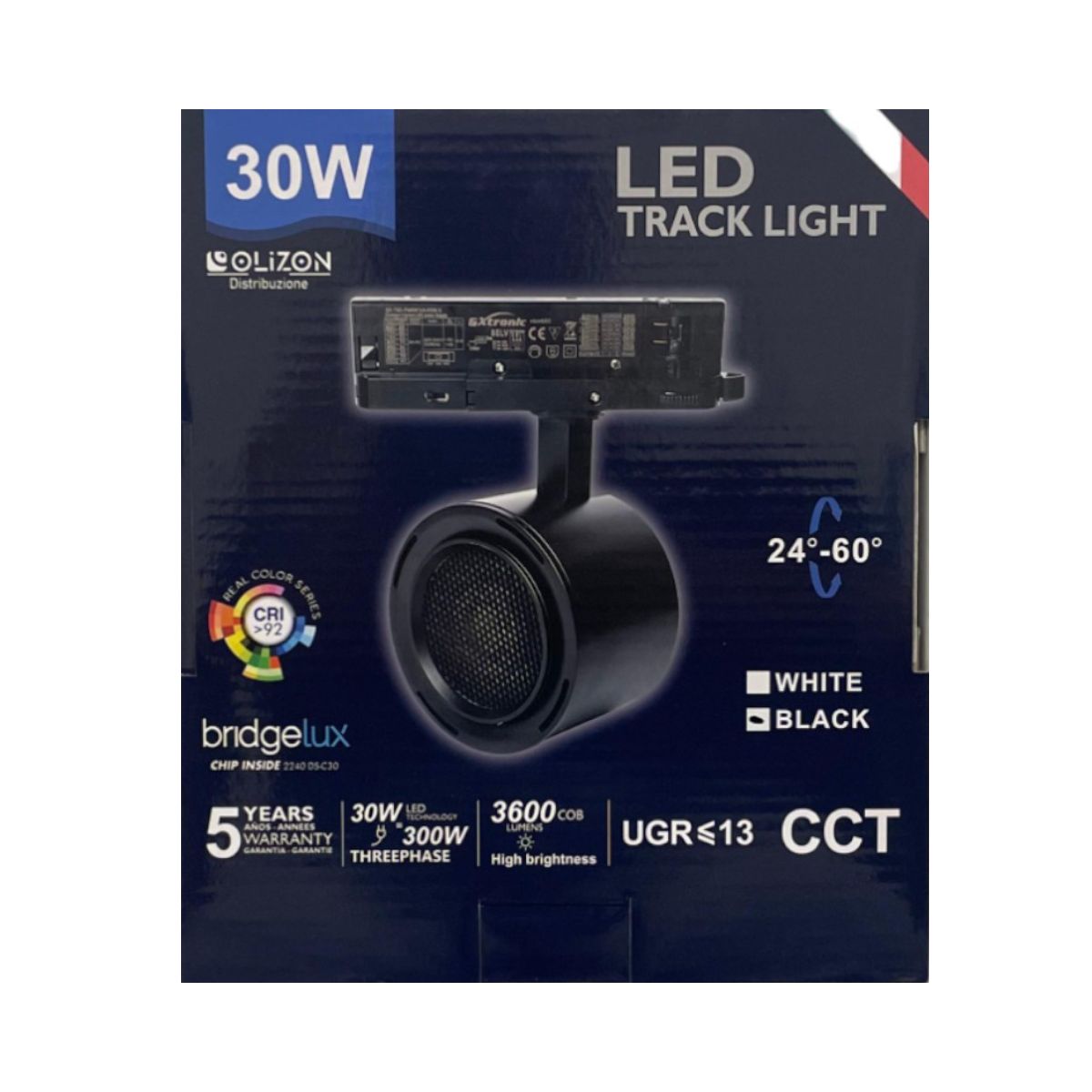 Track Trifase LED 30w Nero COB CCT 3600 Lumens CRI>92 24/60° UGR =13 - Olizon