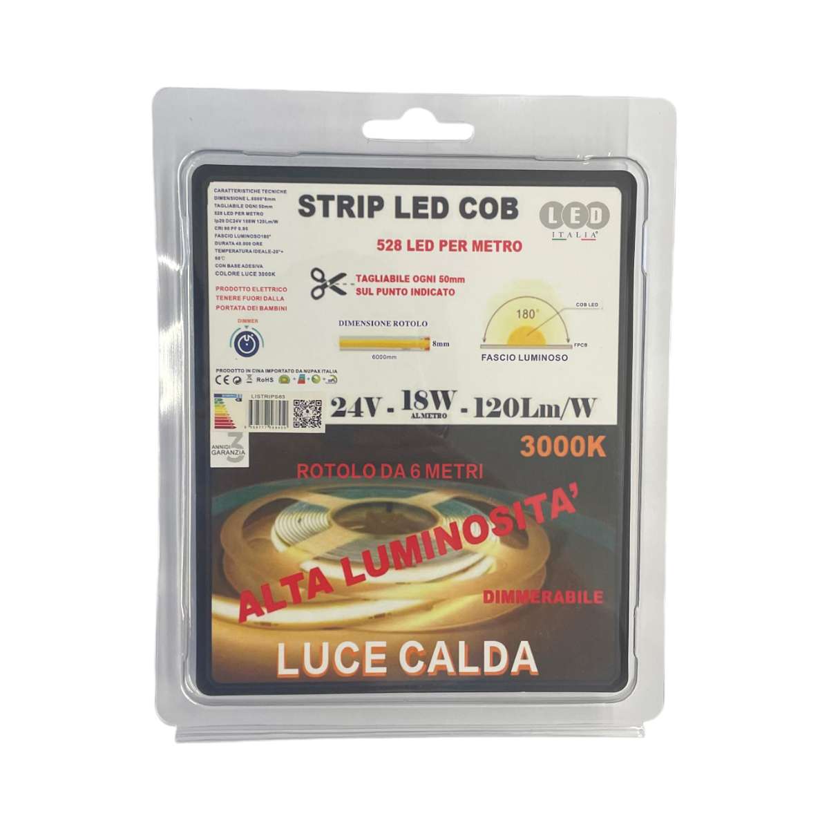 Striscia LED COB 24V Dimmerabile 18W/mt 120Lm/w 6mt IP20 - Luce Calda 3000k