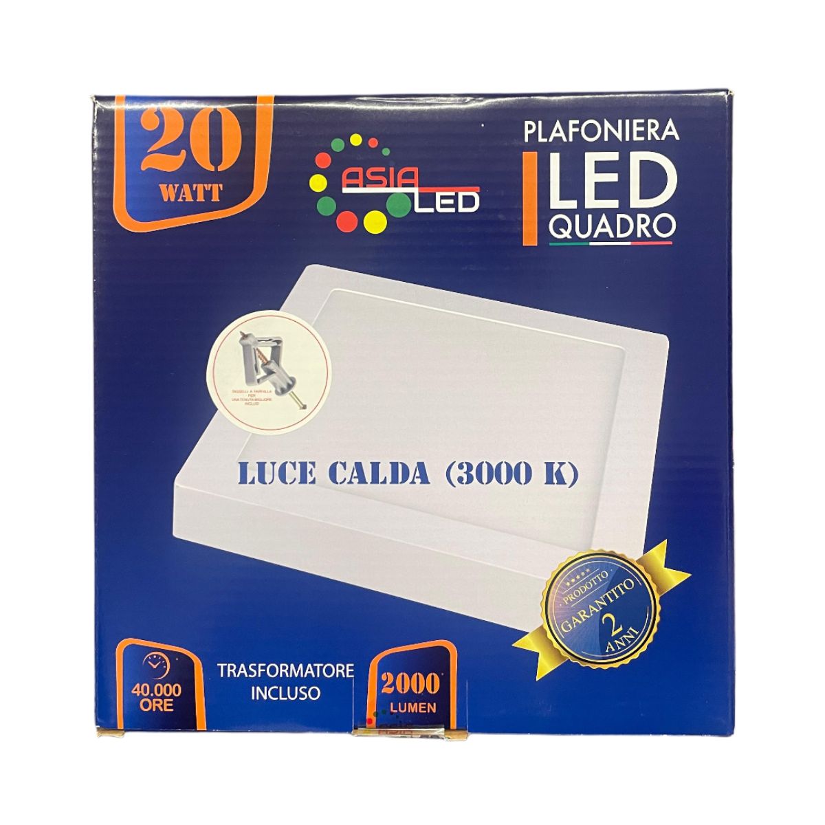 Plafoniera LED 20W Quadrata - Bianca 225x225mm-Luce Calda 3000k