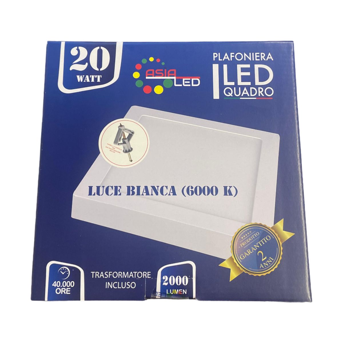 Plafoniera LED 20W Quadrata - Bianca 225x225mm-Luce Fredda 6000k