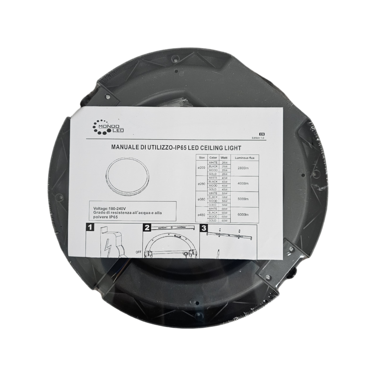 Plafoniera LED YISHA 40W 3 CCT D.280 NERO IP65