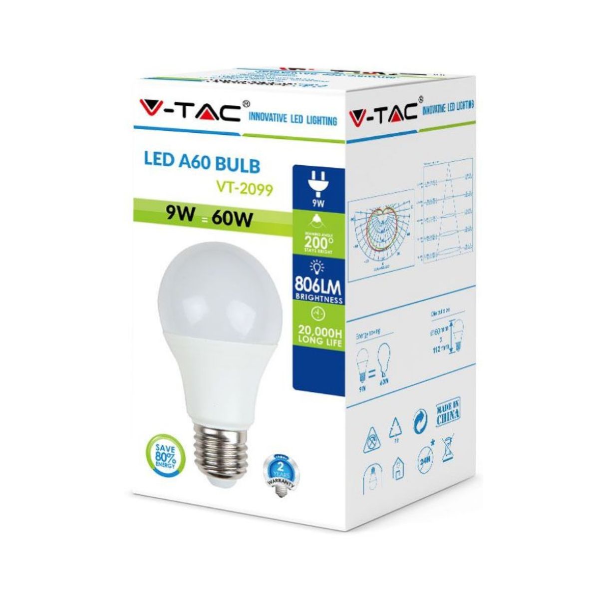 Lampadina LED 9w E27 A60 BULB Termoplastica V-TAC - Luce Calda 2700k